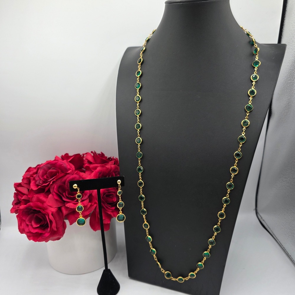 Austrian Crystal USA Emerald Green Gold Tone Station Necklace & Drop Earrings